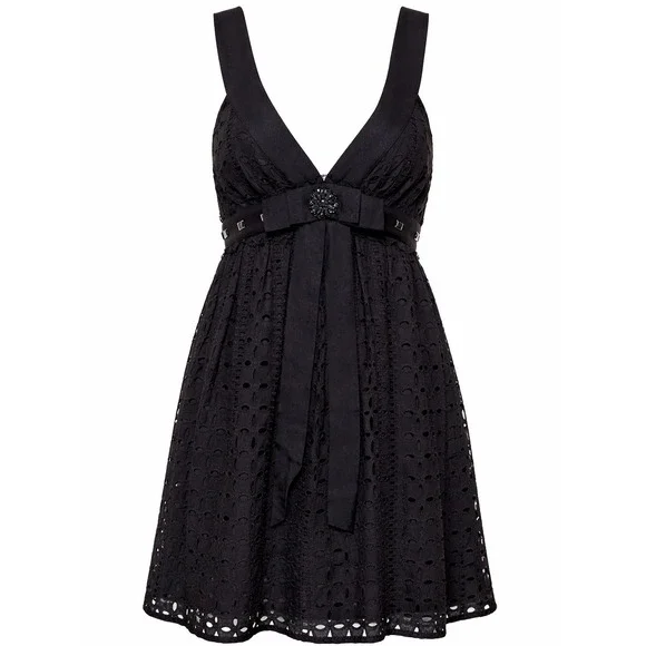Forever 21 Black Eyelet Cotton Mini Dress V-Neck Bow Jewel Empire Waist Small - Picture 1 of 4